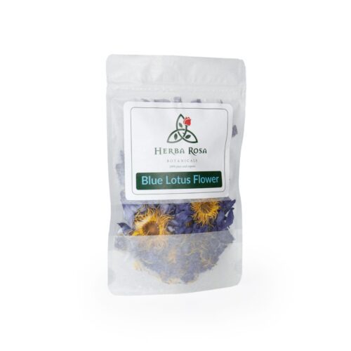 A bag of blue lotus flowers from Herba Rosa in front of a white background