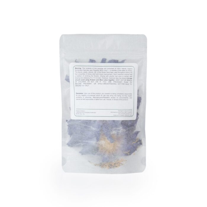 A bag of blue lotus flowers from Herba Rosa with the back label showing, all in front of a white background