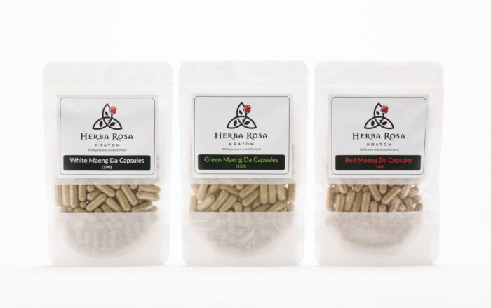Three 100-count bags of Herba Rosa Red, White, and Green Maeng Da Capsules, side-by-side with a white background. Represents the Kratom Capsules Variety Pack