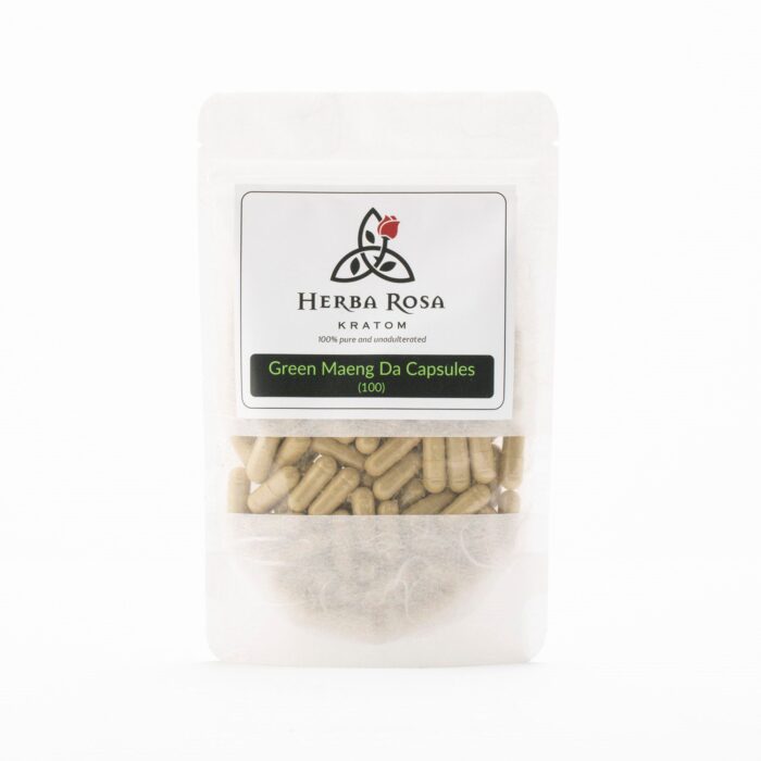 A 100-count bag of Herba Rosa Green Maeng Da Capsules with a white background