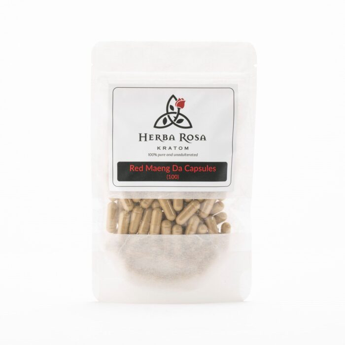 A 100-count bag of Herba Rosa Red Maeng Da Capsules with a white background