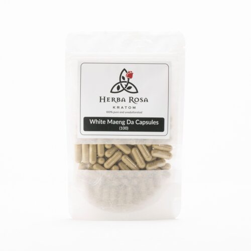 A 100-count bag of Herba Rosa White Maeng Da Capsules with a white background