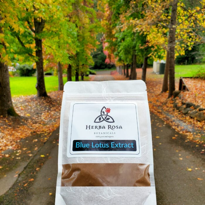 A bag of Herba Rosa's Blue Lotus Extract Powder with fall trees lining a road in the background.